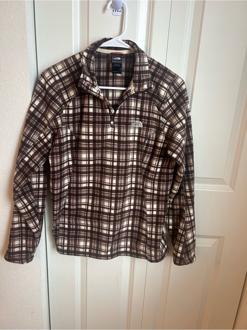 The North Face Plaid Fleece 1/4 Zip Pullover Brown Cream Cozy Outdoor